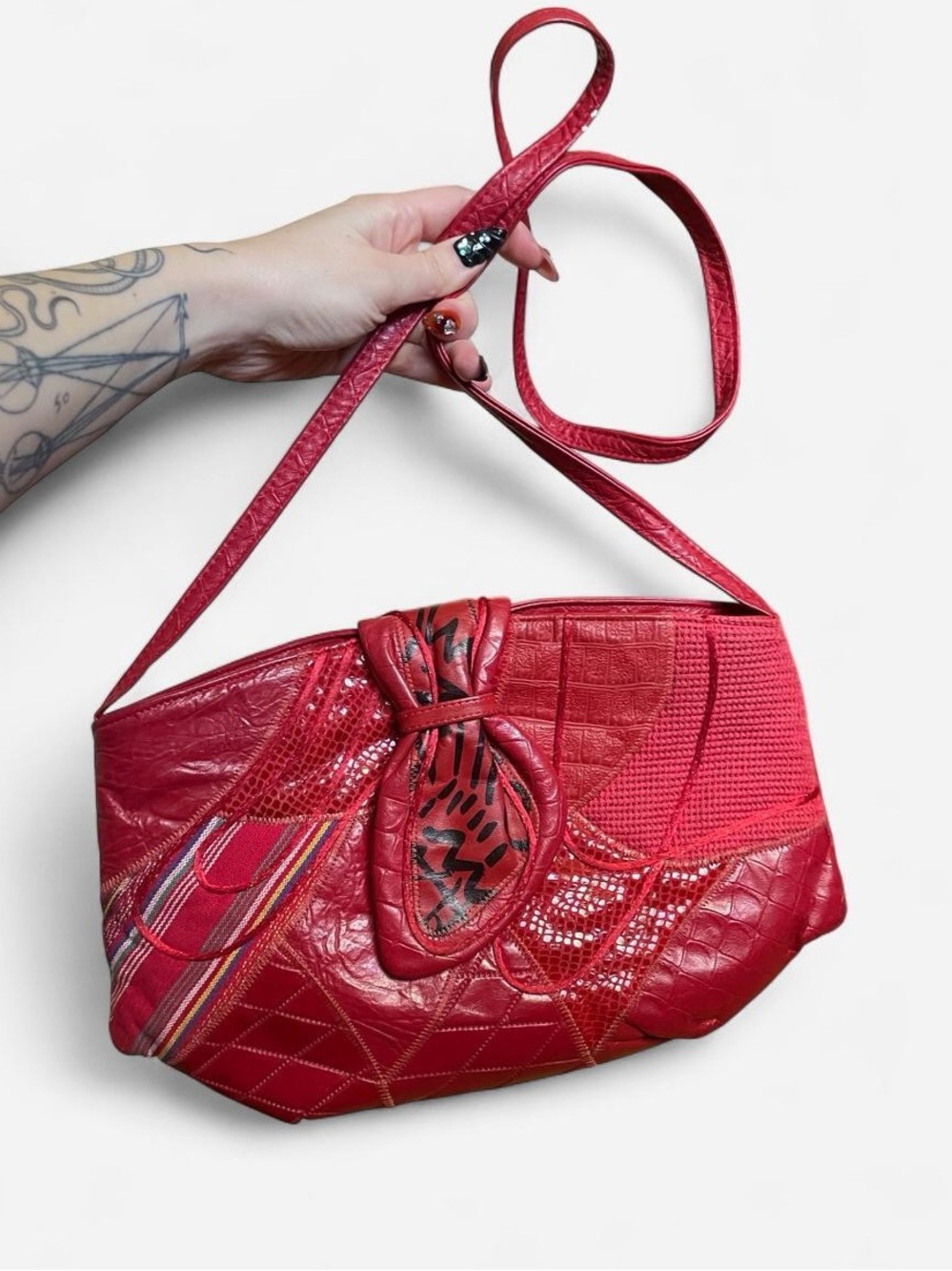 Vintage 80s Fifth Avenue Patchwork Bow Shoulder Bag Red